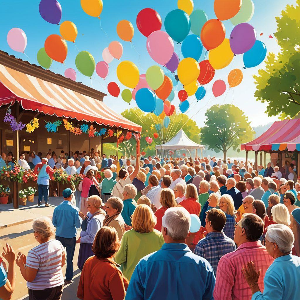 A vibrant community auction scene filled with joyful people bidding enthusiastically on colorful items, with balloons and banners in the background promoting special offers. An inviting atmosphere with smiling faces and diverse participants, showcasing a mix of unique items from antiques to crafts. Sunlight filtering through a festive outdoor setting adorned with flowers. vector art. bright colors. playful elements.