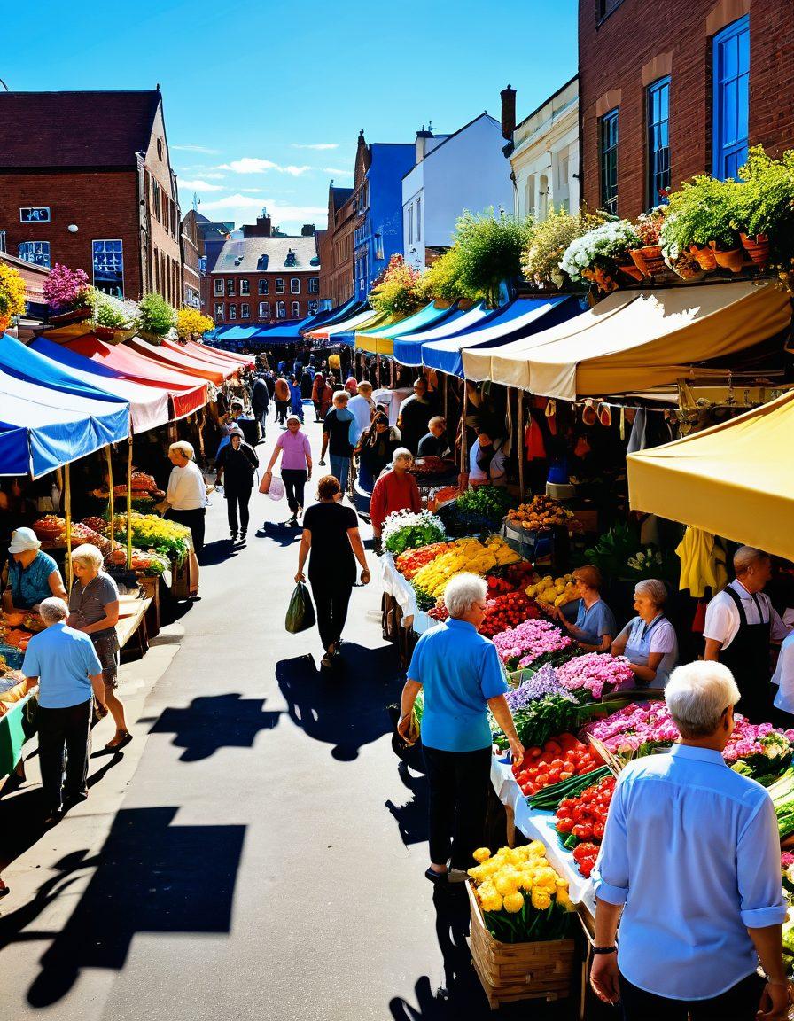 A vibrant scene of a bustling local market, filled with cheerful shoppers browsing colorful stalls offering unique items and fresh produce. Include banners promoting community auctions and discounts, with smiling faces and a warm, inviting atmosphere. The background showcases a sunny day with bright blue skies and colorful flowers. super-realistic. vibrant colors.