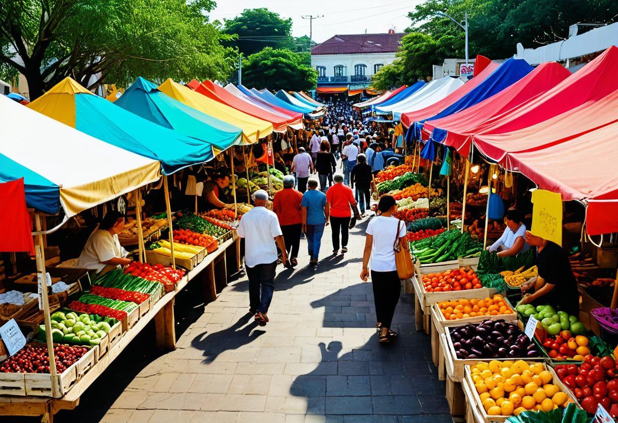 A bustling local marketplace filled with diverse vendors showcasing their goods, with happy customers exchanging cheerful smiles and engaging in transactions. Brightly colored stalls adorned with fresh produce, handmade crafts, and artisanal products, radiating an inviting atmosphere. Include signboards highlighting joyful savings and special deals. Super-realistic. Vibrant colors. 3D.